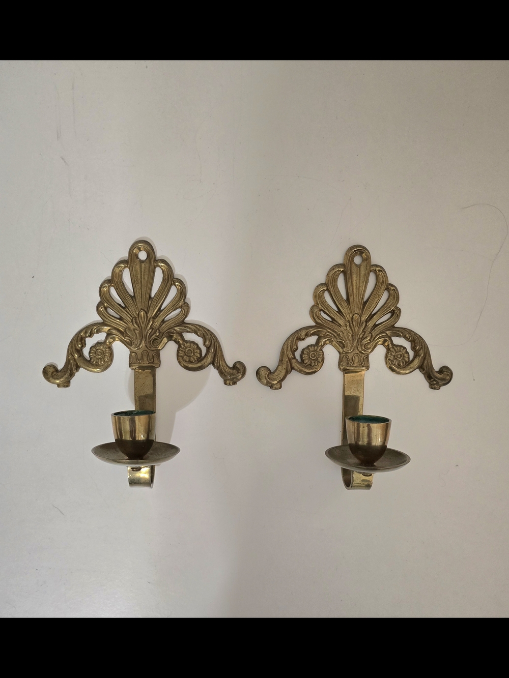 Pair Of Vintage Solid Brass Candlestick Holders Wall Sconces Natural Patina EUC.